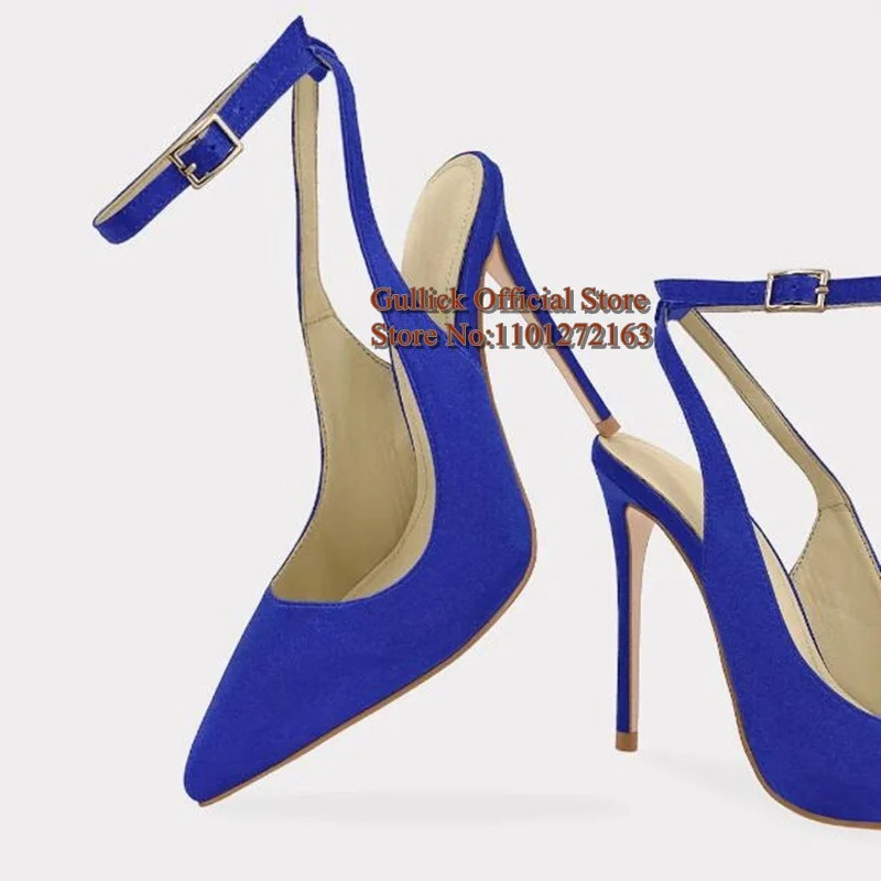High Heel Slingback Women Pumps Buckle Strap Satin Pointed Toe Hollow Thin Heels 12cm Evening Party Shoes Red Blue