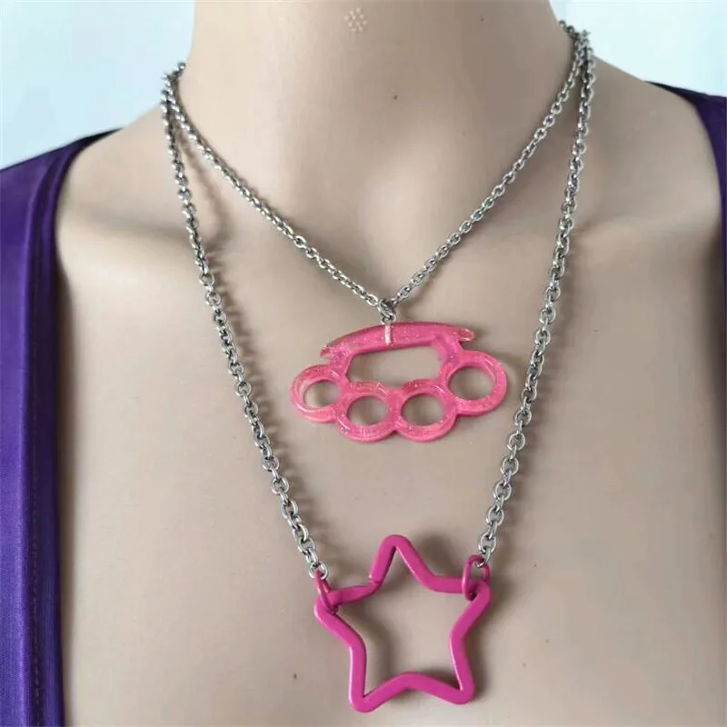 Punk Chic Hot Pink Star Necklace For Women Stainless Steel Chain Knuckle Pendant Necklaces Set Jewelry Accessories Gifts