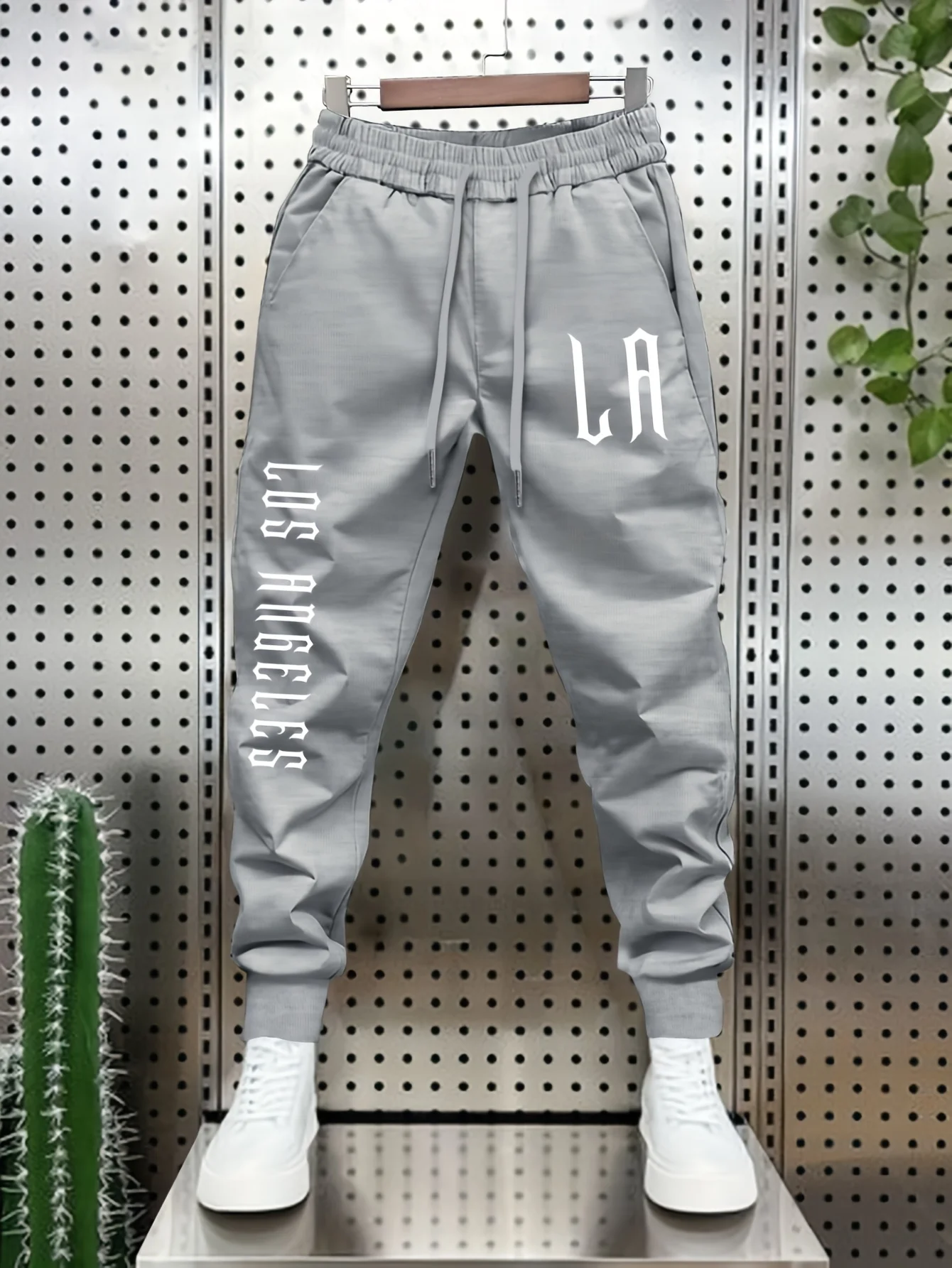 Men LA Los Angeles Letter Print Jogger Pants, Drawstring Cuffed Loose Hip‑hop Street Sweatpants