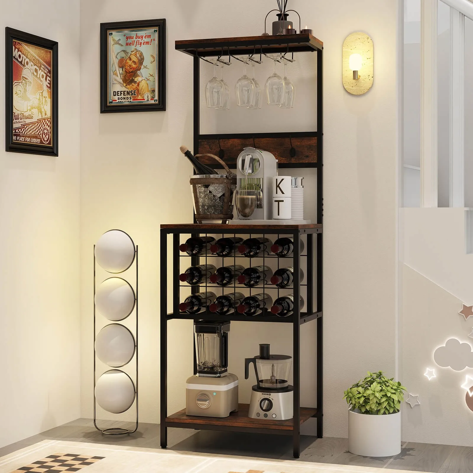 

Wine Rack Freestanding Floor with Countertop Wine and Glass Holder Wine Shelf