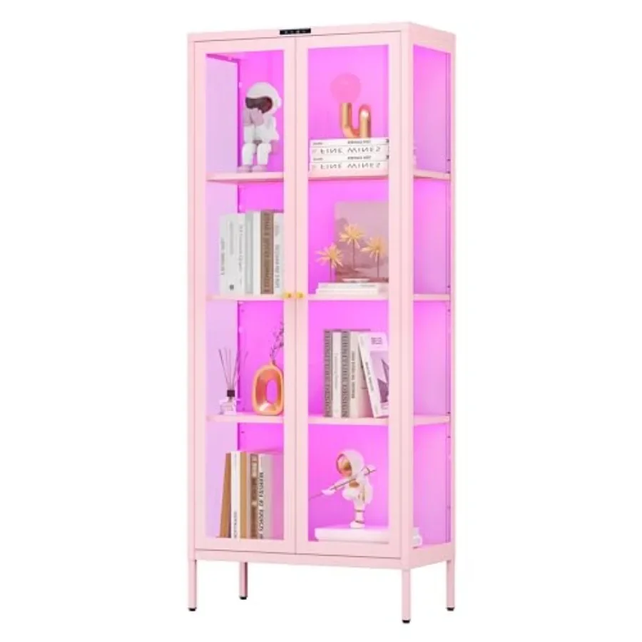 66 Glass Display Cabinet with 8-Color LED for Collectibles: premium tempered glass, sleek black frame, adjustable lighting, spa