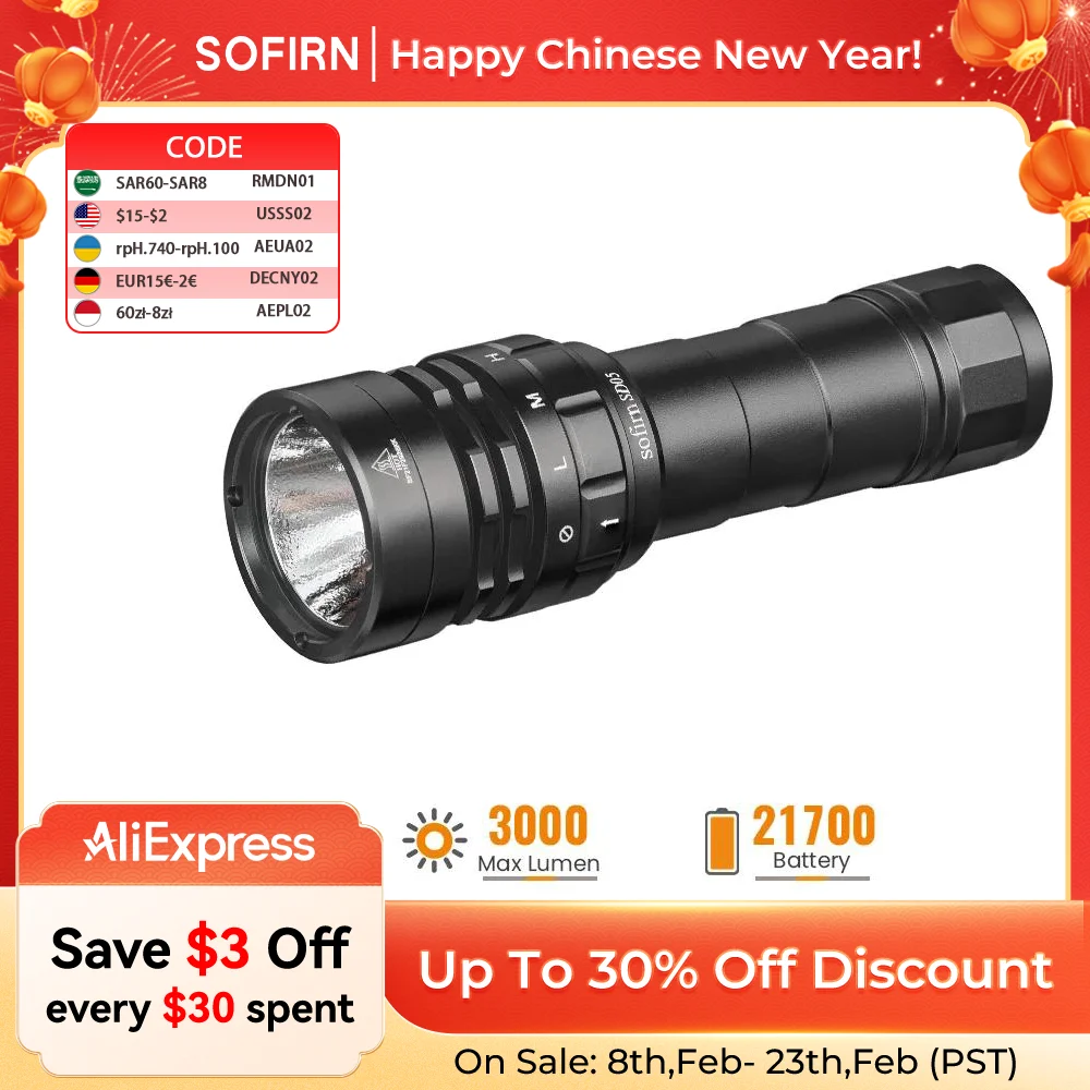 

Sofirn SD05 Scuba Diving Flashlight XHP50.2 21700 Lantern 3000lm IPX8 Waterproof Magnetic Ring Orange Peel Reflector 18650 Torch