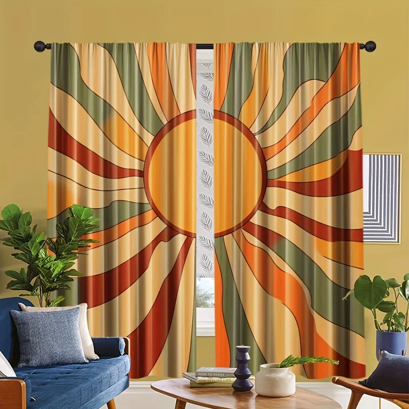 VIKAMA Rainbow Hippie Wavy Curtain Orange Yellow Multicolor Boho Window Drapes Four Season Home Decor Bedroom Office