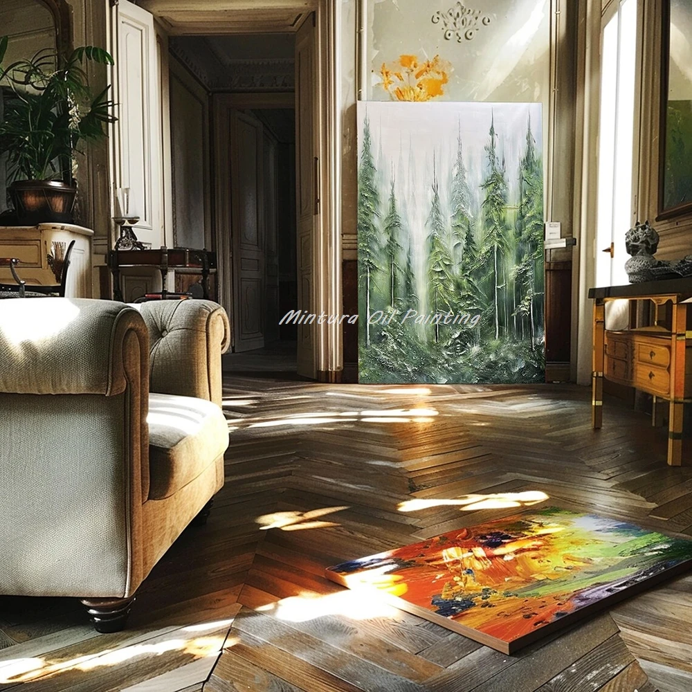 

Мятнаяра, ручная роспись, абстрактный текстурированный пейзаж зеленого дерева, картина маслом на холсте, современный 3D нож, художественные лесные картины, домашний декор