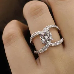 Jianjie Light Luxury Women’s Sparking Cubic Zirconia Shining Rings Wedding Cross Dazzling Ring Jewelry Accessories Trend