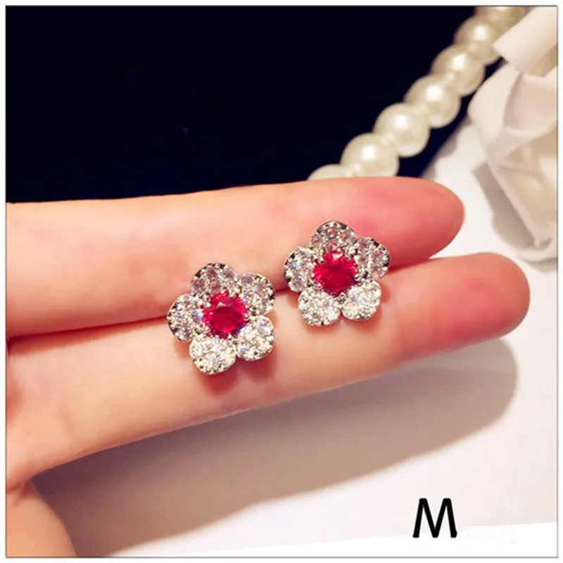 S925 Sterling Drop Earrings For Women Ear Studs Fine Jewelry Luxury Red Cubic Zirconia Temperament Brincos High Quality