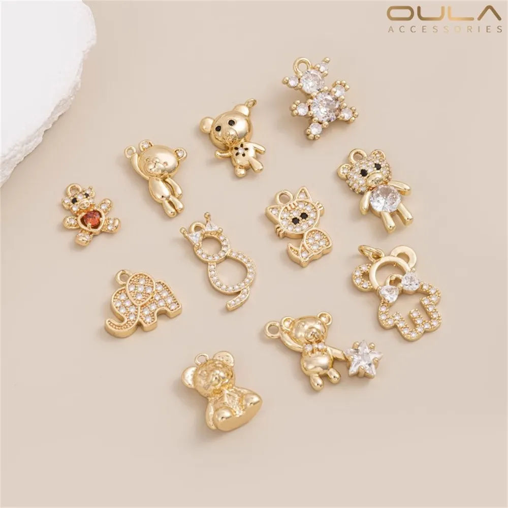 

1pcs 14K Gold-plated and Zircon Inlaid Bear, Elephant and Kitten Pendant, Diy Bracelet, Earring and Pendant Accessories