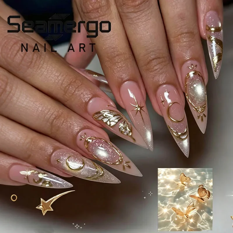 24 faux ongles à presser en forme d'amande, style stiletto, avec motifs lune, étoile et papillon dorés, élégants, roses, amovibles