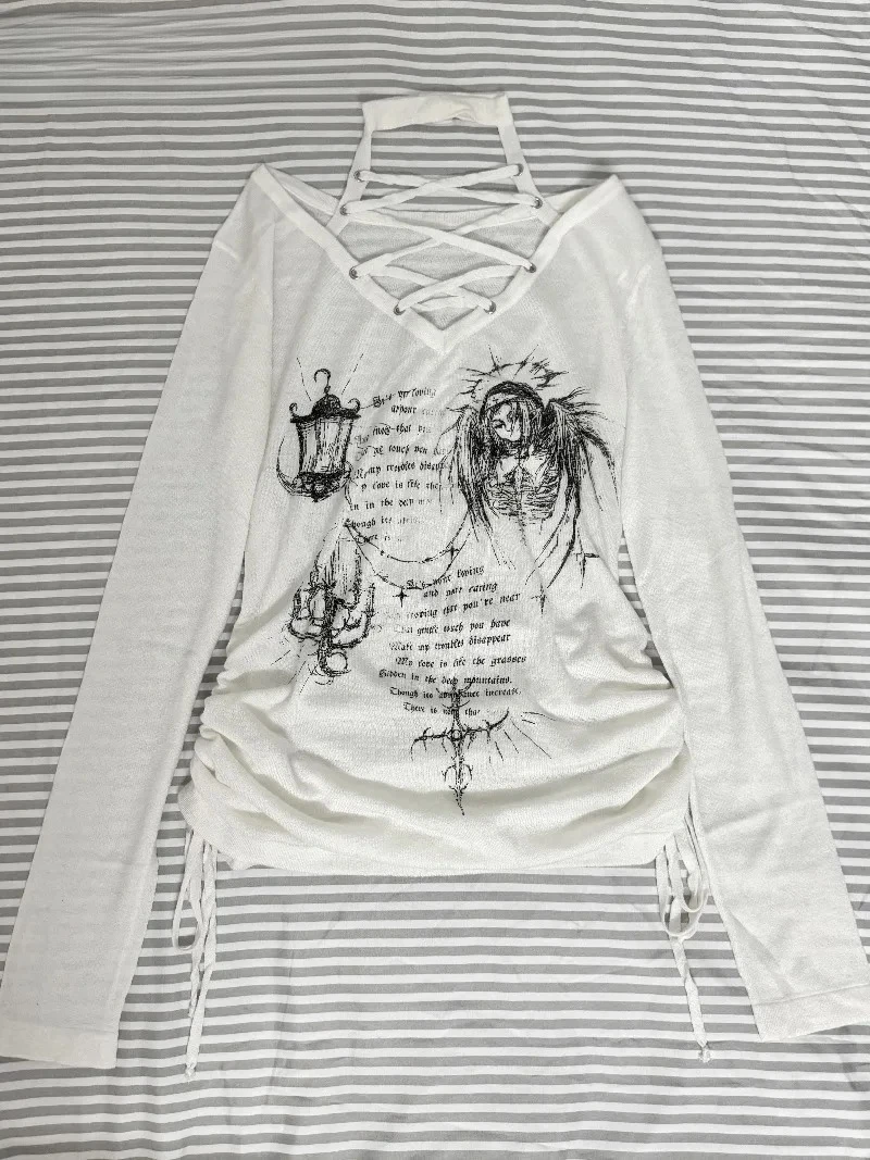 

Japanese Original New Subculture Lace-Up Halter Knitted Thin Sweater Spring Autumn New Sweet Girls Versatile Printed Pullover