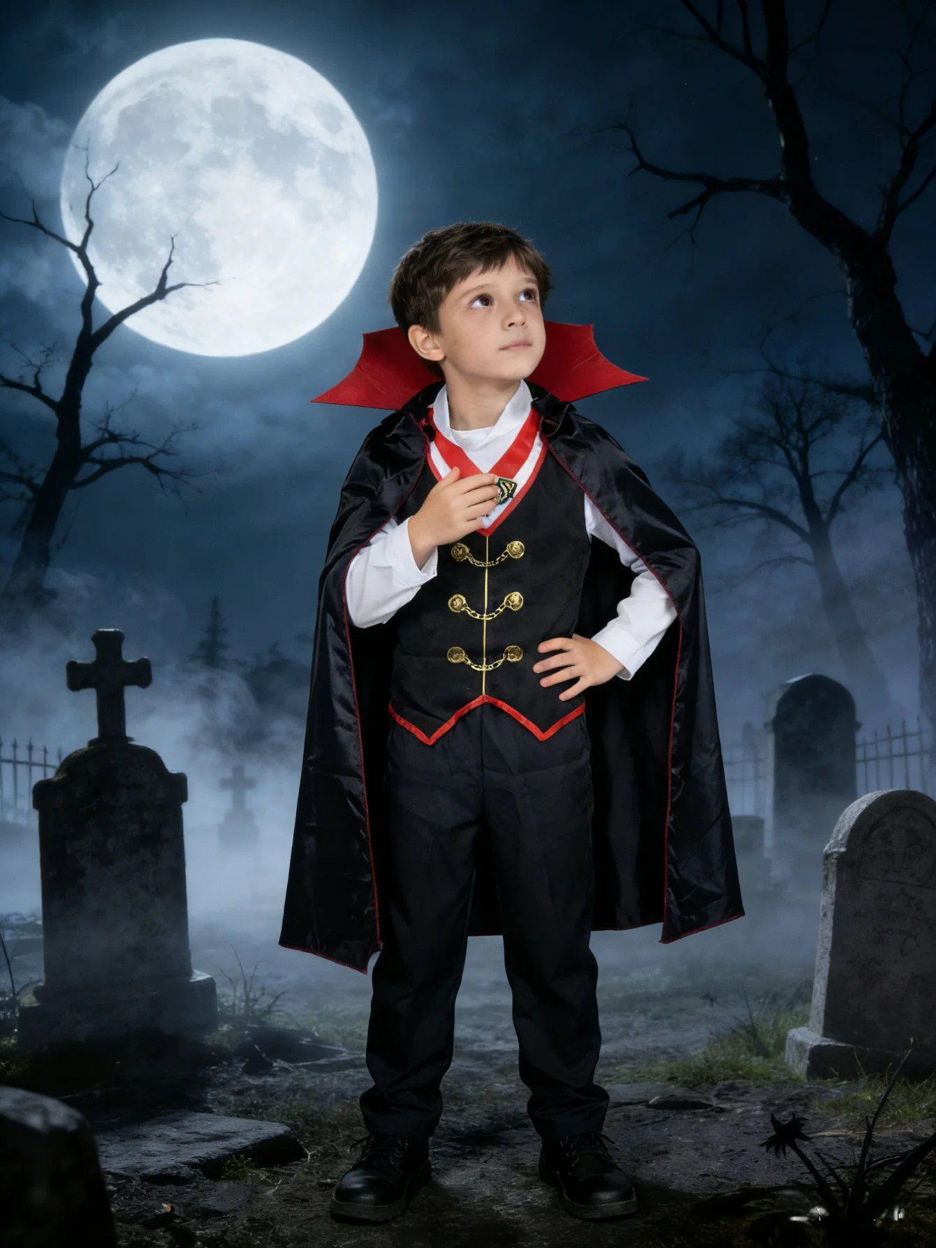 男の子用ベストスーツジャケット1枚-ケープ1枚セット、胸元に高級刺繍バッジアクセサリー、男の子用ヴァンパイアコスチューム、ハロウィンパーティーコスチューム、ヴァンパイア王子パフォーマンスコスチューム