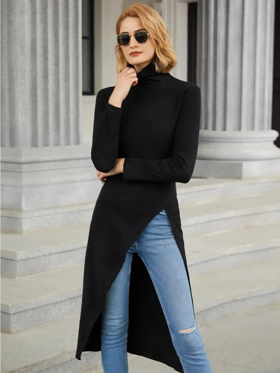 Freeacy Spring Autumn Simple Pullovers for Women Solid Black Turtleneck Long Sleeves Slim T-shirt X-long Split-Side Shirt Tops