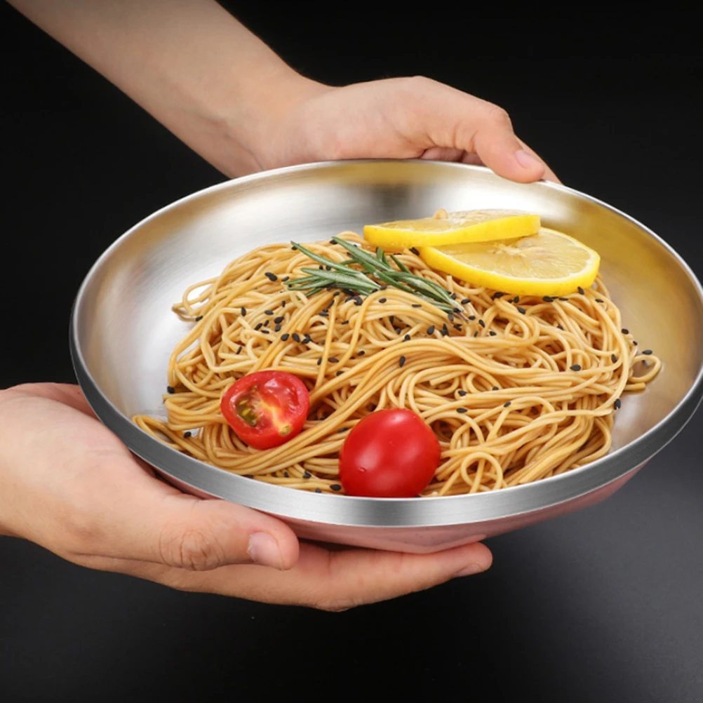 

1pc Stainless Steel Round Plate Heat Resistant Anti-Scalding Microwave Safe Food Disc Kitchen Serving Tray for Home