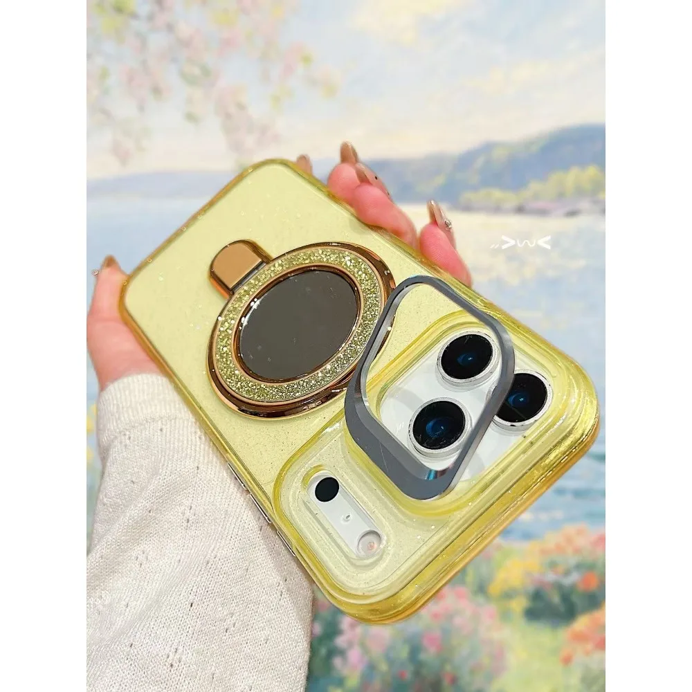 حافظة هاتف Magsafe مغناطيسية جديدة فاخرة "لامعة شفافة مع حامل لهاتف IPhone11 12 13 14 15 16 17 Pro Max