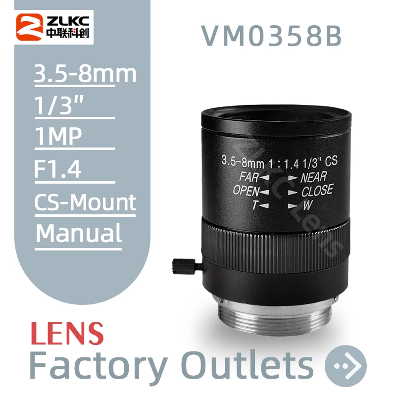 ZLKC Camera Lens 3.5-8mm Varifocal Function Manual Iris Security Zoom F1.4 1/3 Inch CS Mount CCTV Lens for IP Box Cameras