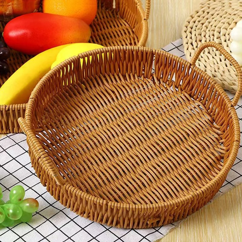 Food Plate Handwoven Plastic Imitation Rattan Storage Tray Round Shape Fruit Vegetable Cake Storage Basket With Handle