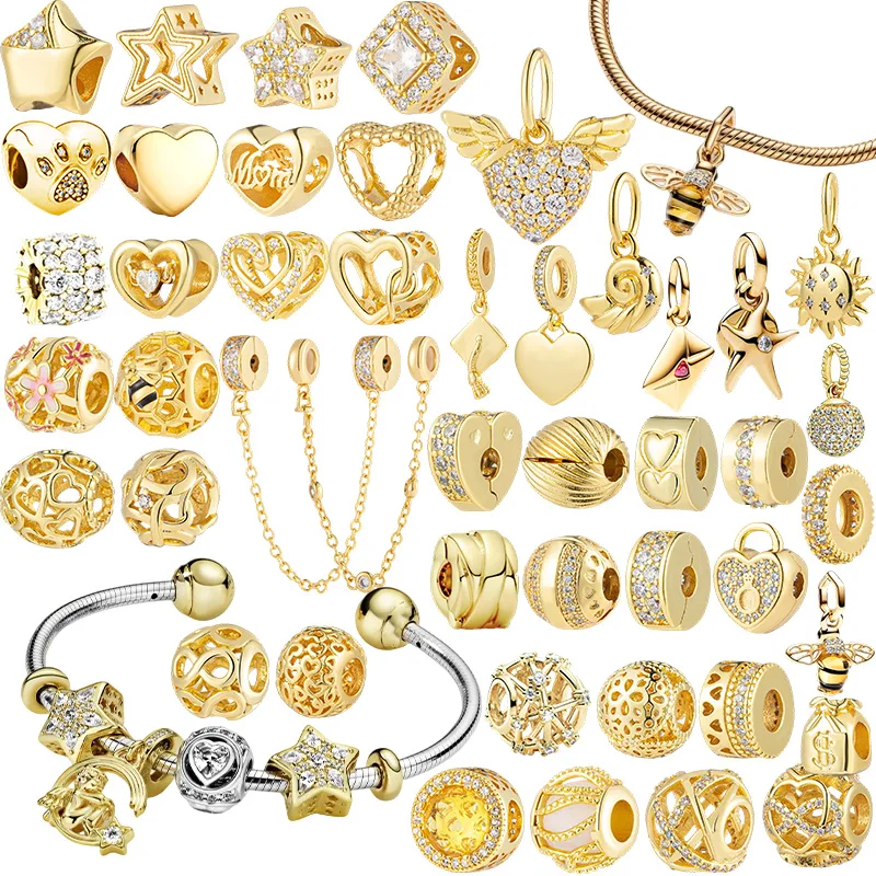 

2026 Hot Sparking Gold Plated Charm Beads Pendant Fit Original Snake Silver Bracelet Necklace Beads For Diy Jewelry Women Gift