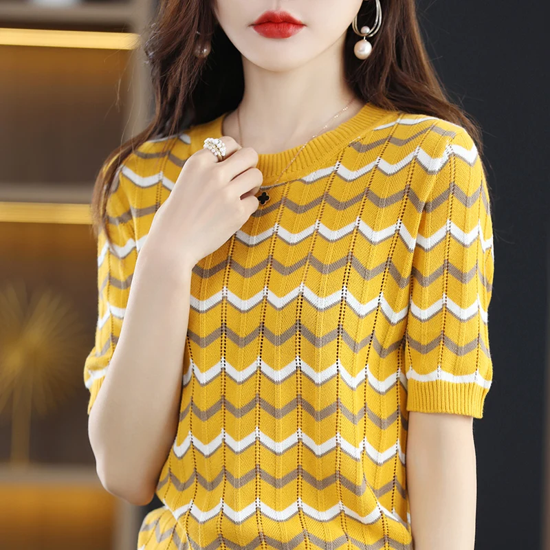 Camiseta de mujer novedad de verano 100% suéter de algodón de manga corta Casual Color bloqueado camisa de punto Top de cuello redondo Jersey suelto
