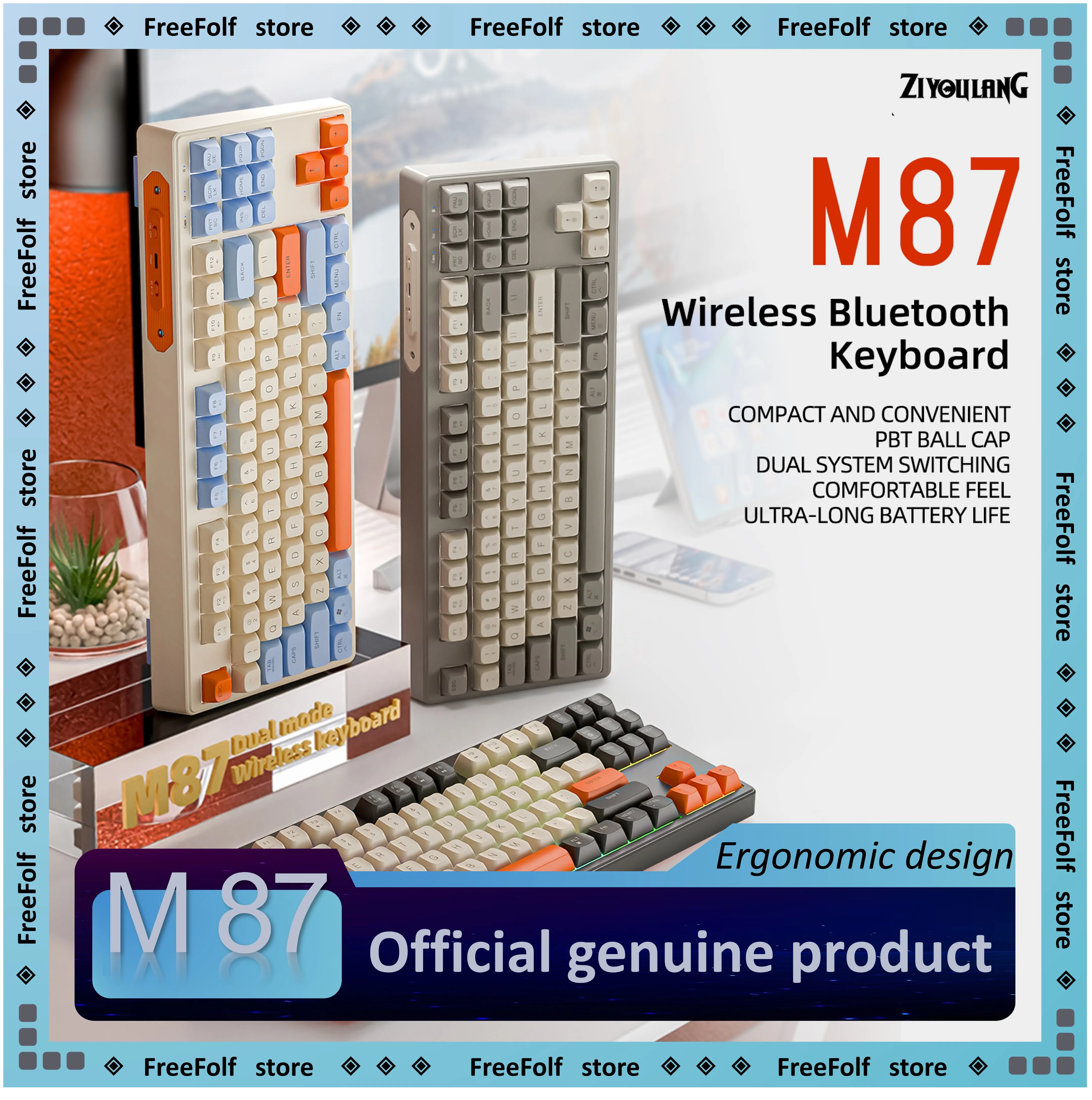 

FreeWlof Wireless Mechanical Keyboard M87 Dual Mode, Silent Tactile, RGB Gaming Backlight, PBT Keycaps, for PC/Laptop/Office