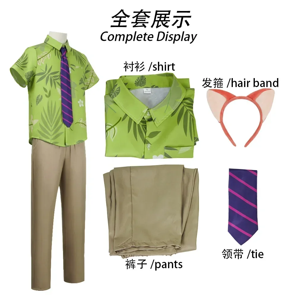 Fox Nick Nick Wilde Cosplay-Hemd mit Krawatte für Herren, Halloween-Kostüm mit grünen Blättern, bedrucktes Oberteil, T-Shirt und Hose, Krawatte, Cosplay