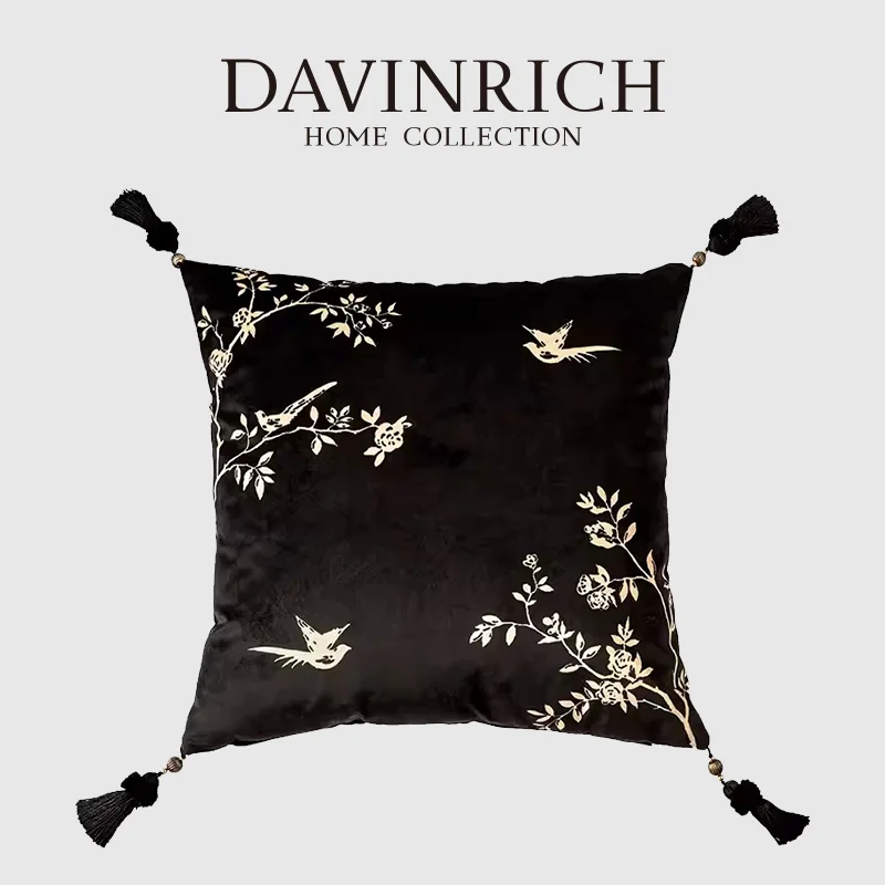 DAVINRICH Luxury Black Lush Velvet Cushion Cover With Tassels Chinoiserie Ink Bird Floral Decorative Pillowcase For Bed Armchair