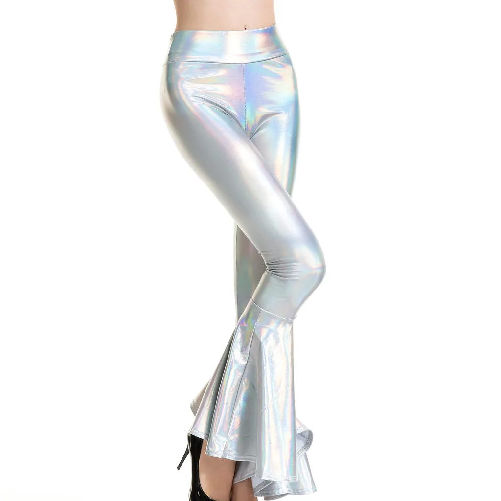 Women's Leather Long Pants Fishtail Trousers Shiny Patent Solid Mardi Gras Performance Costume High Waist Ankle Length Pants