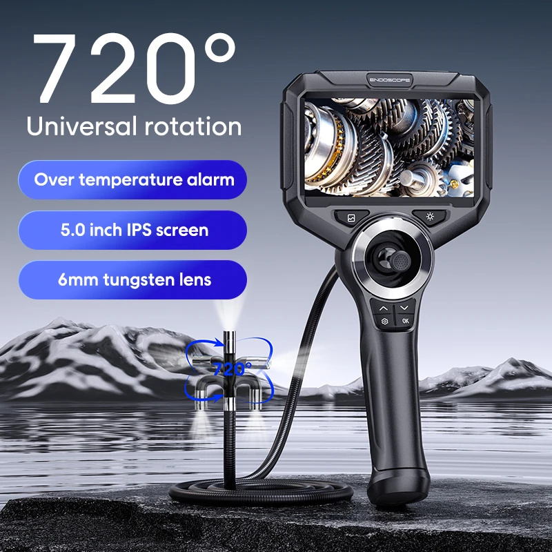 4-Way Rotary 720° Industrial Piping Endoscope Camera Sewer Borescope Inspection with 5.0 Inch IPS Screen 6.0mm Lens HD 1080P