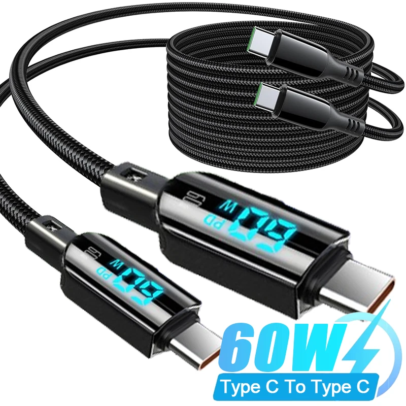 60W Digital Display Fast Charging Cable Type-C To Type-C Data Cord For iPhone 15 Samsung Huawei OPPO USB C Quick Charge Wire