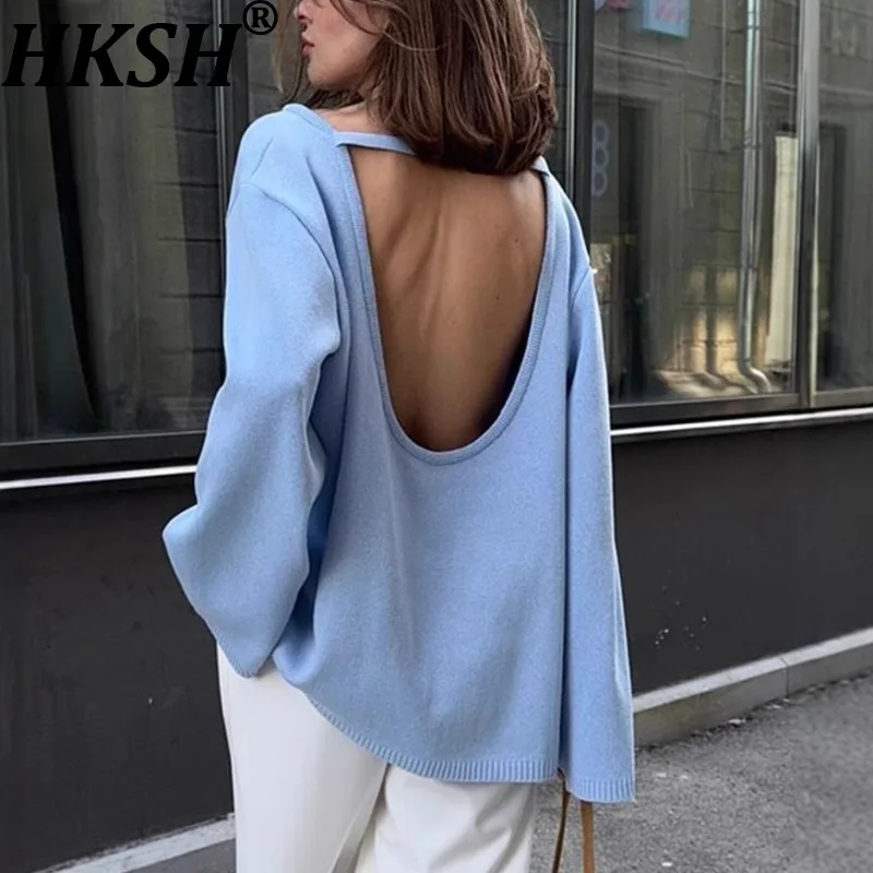 

HKSH Spring Autumn New Women Pullover Sweater Backless Sexy O-neck Solid Color Long Sleeves Elegant Stylish Knitted Tops HK17578