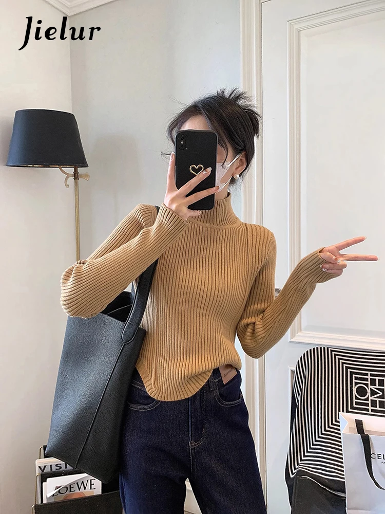 Jielur Spring New Solid Color Slim Women Pullovers Simple Basic Street Knitted Woman Pullovers White Black Khaki Korean Sweaters