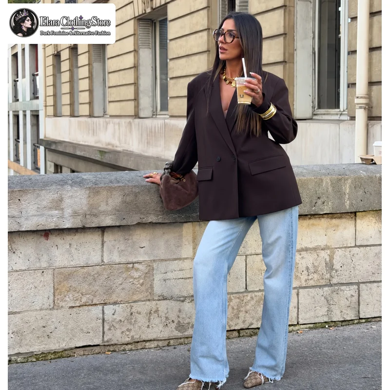 Elara New European and American Style Double Breasted Women's Suit Jacket Y2k Style Retro Elegant Commuting Drape Top Jacket