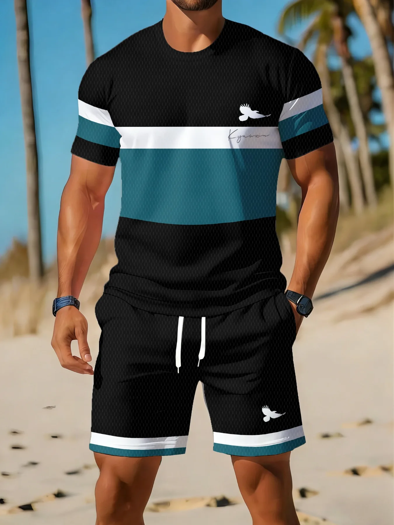 Men's Three-Color Irregular Patchwork Print T-Shirt Set Summer Outdoor Casual Round-Neck Short-Sleeve Set Men's Sports Set view 3