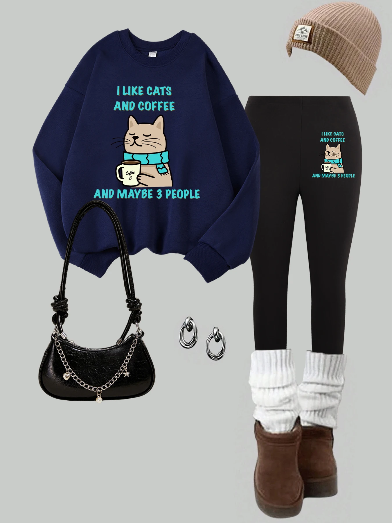

Толстовка с принтом «I Like Cats And Coffee And Maybe 3 People», женские теплые осенние леггинсы, флисовая одежда с круглым вырезом, комплекты свободных брюк