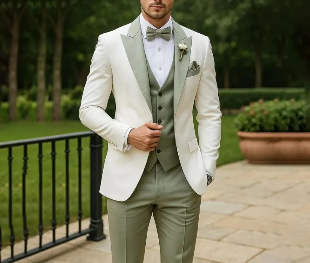 3 Pieces Wedding Tuxedo for Groom Sage Green Slim Fit Formal Men Suits Elegant Blazer Vest Pants Set for Prom Party Ceremony