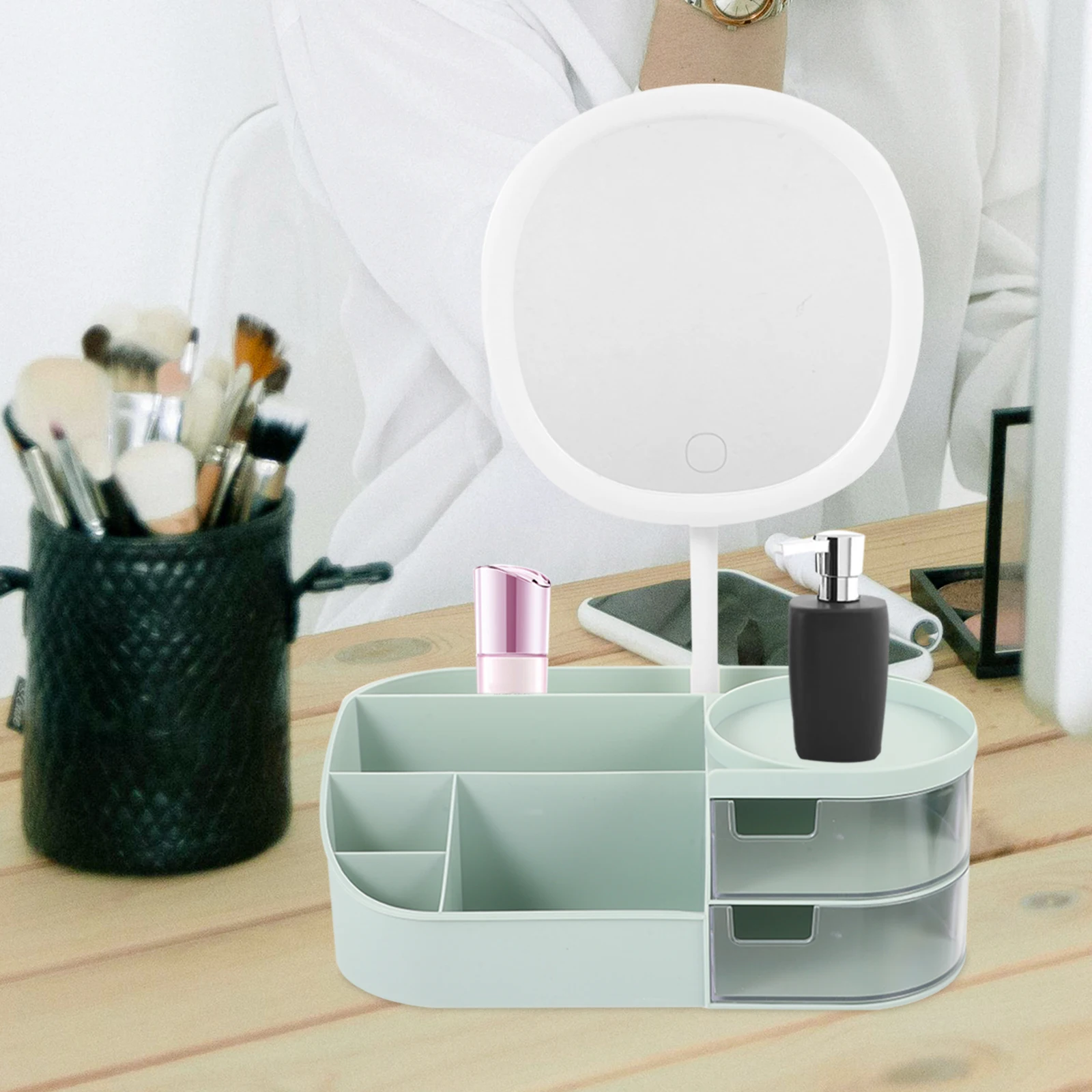 

Organizer with Mirror Makeup Brush Holder Desktop Vanity Storage Elegant Design Durable Plastic Makeup Brushes Holder
