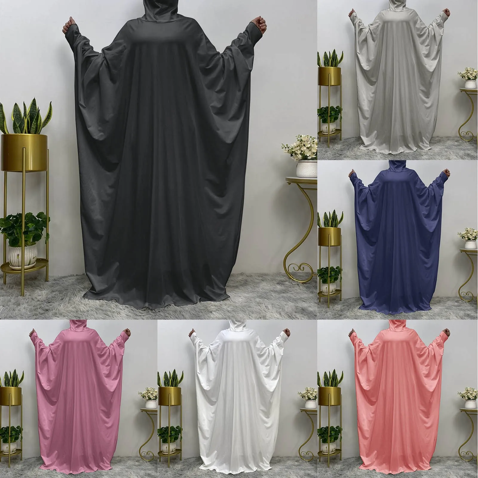 

Women's Muslim Bat Long Sleeve Dresses Casual Long Dress Hooded Long Dresses Solid Colour Loose Plus Size Long Robe Dresses