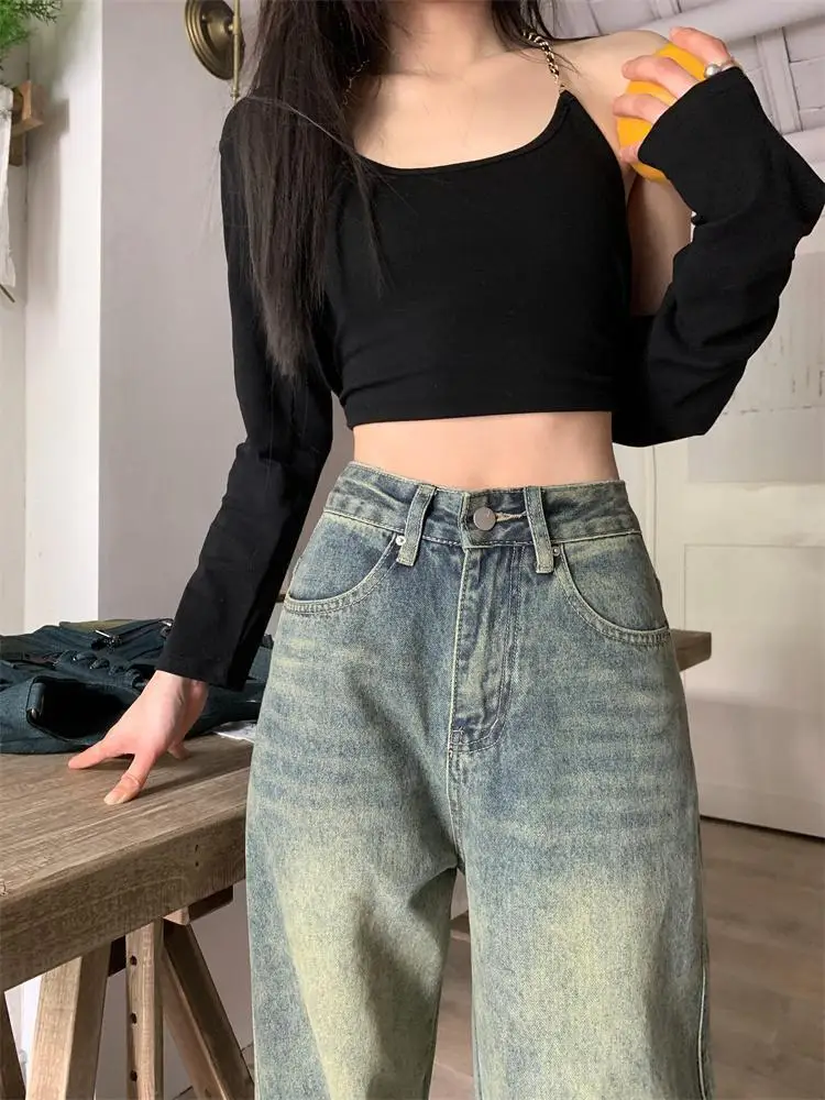 Baggy Casual Wide Leg Jeans Women Streetwear All-Match Washed Denim Trousers Female Vintage 90S High Waist Straight Pants