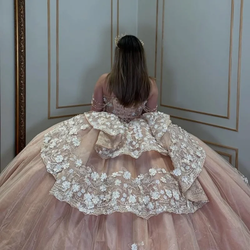 Блестящие платья Quinceanera LIGHT CHAMPAGNE по индивидуальному заказу с открытыми плечами и аппликацией из блесток с 3D цветком Vestido 15, Quinceanera