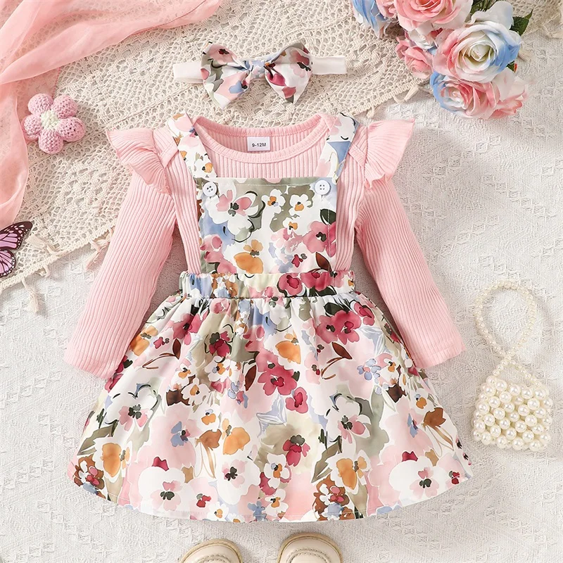 

2024 New Baby Girls Fall Set Ribbed Long Sleeve Ruffled Trim Romper Floral Print Overalls Skirt Bow Headband Outfits