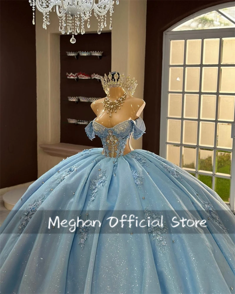 فساتين Quinceanera مزينة بالخرز الأزرق ، ثوب الكرة ثلاثي الأبعاد ، زهرة ، فستان فاخر بعيد الميلاد قبالة الكتف ، ثوب رسمي مخصص #5
