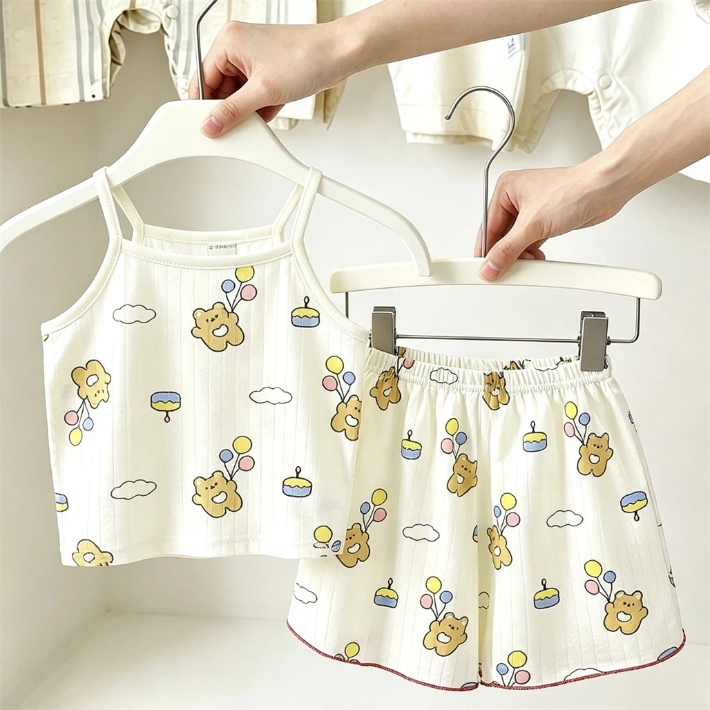 Girls Pajamas Outfits Sleeveless Two Piece Set Lovely Home Clothing Full Print Vest +Shorts Toddler New Design Tops Loose Shorts