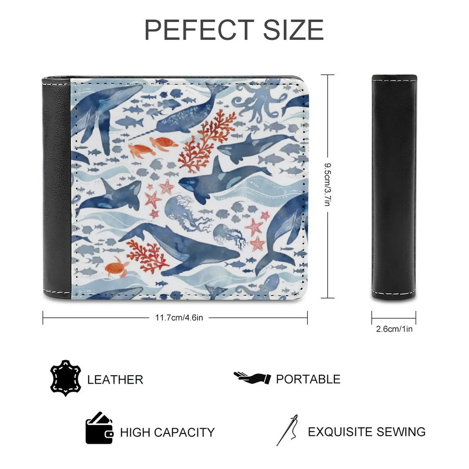 Ocean Life Leather Wallet Men's Wallet Diy Personalized Purse Father's Day Gift Whales Orca Turtles Octopus Starfish Fish