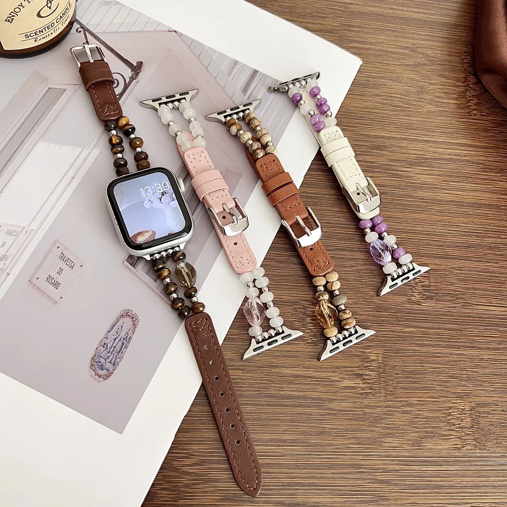 Jewelry Natural Stone Beads Leather Watch Band for Apple Watch 45 49 42 46mm 44 41 40mm Strap for Iwatch Series 11 10 9 8 7 6 SE