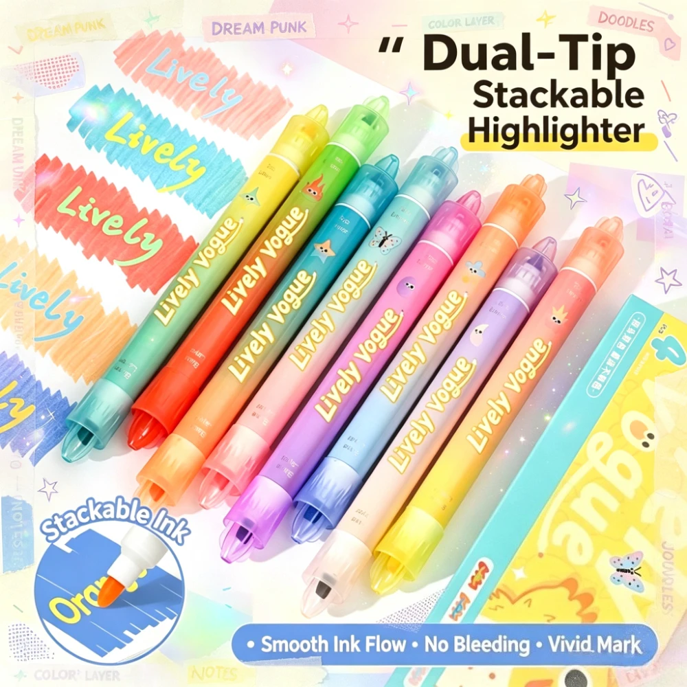 4pcs Cartoon Dual-Head Fluorescent Pens Set Gradient Design Quick-Dry Ink for Notes Journals Creative Drawing Learning Crafting
