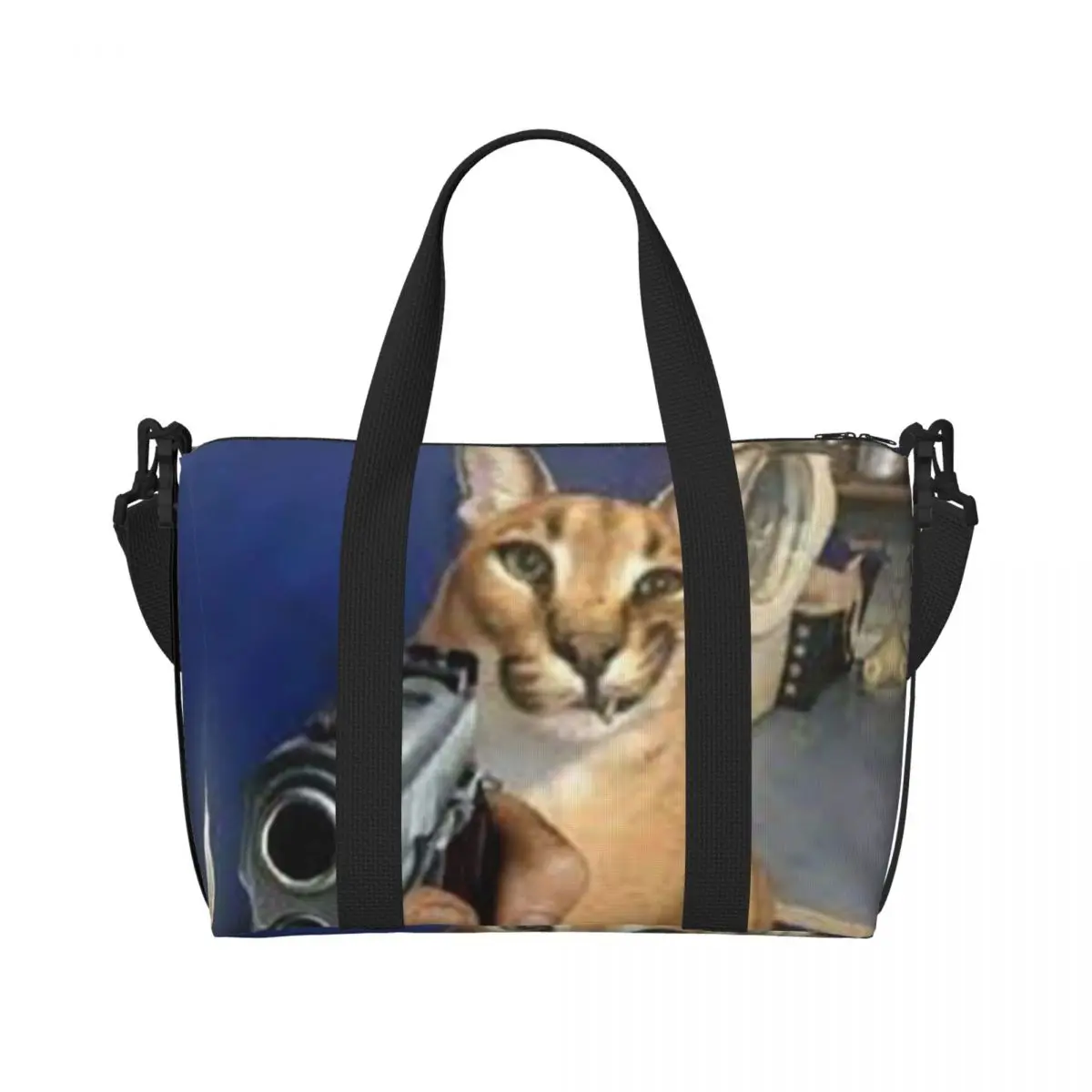 Custom Big Floppa Gangsta Cat Beach Tote Bag for Women Extra Large Gym Carry On Travel Shopping Bags