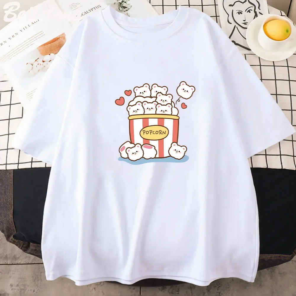 Cute Kawaii Popcorn T-Shirt Woman Cartoon Cute Graphic Tees Summer Unisex Pure Cotton Print Vintage Harajuku Clothes Vintage