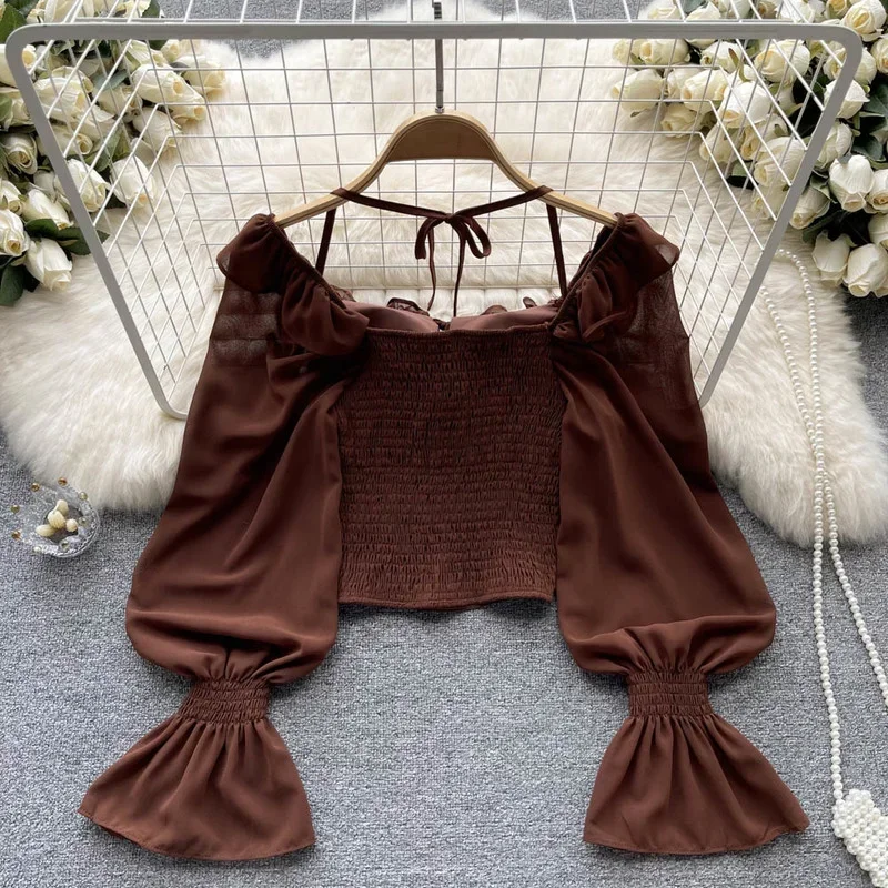 French Chic Halter Blouses Femininas Bow Flare Sleeve Short Tops Dames HighStreet Blusa Mujer Casual Shirts Clothes