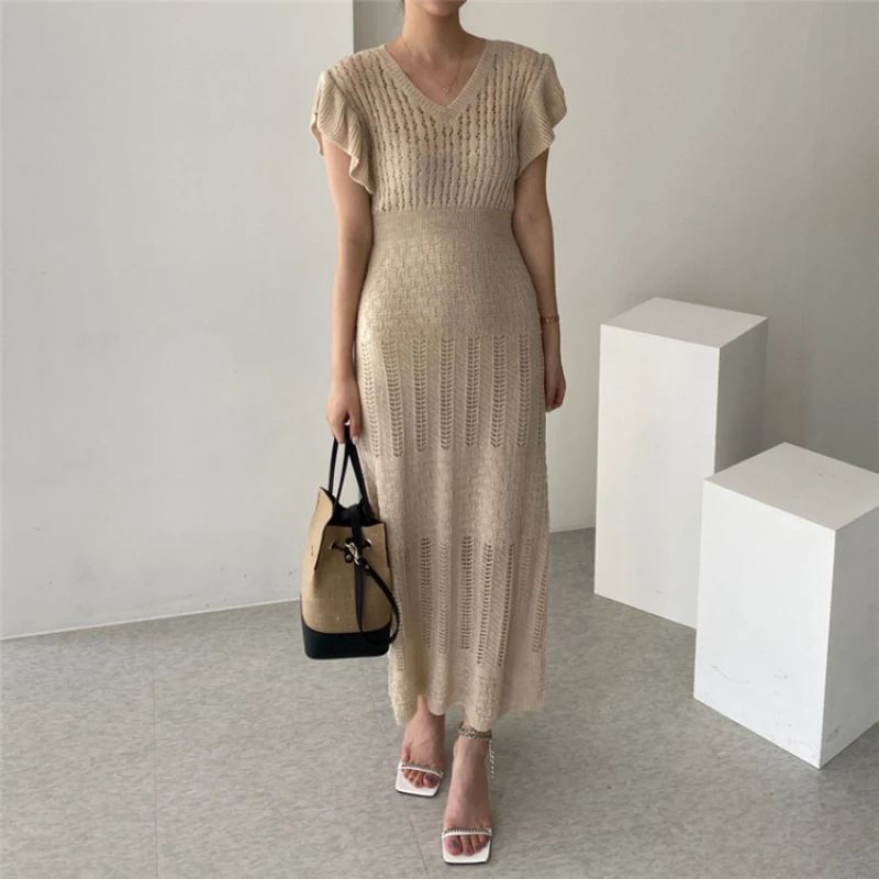 Women\'s Summer Knitted Long Slim Vintage Dress V Neck Ruffles Sleeve Elastic High Waist Pullover Midi Sundress 2023