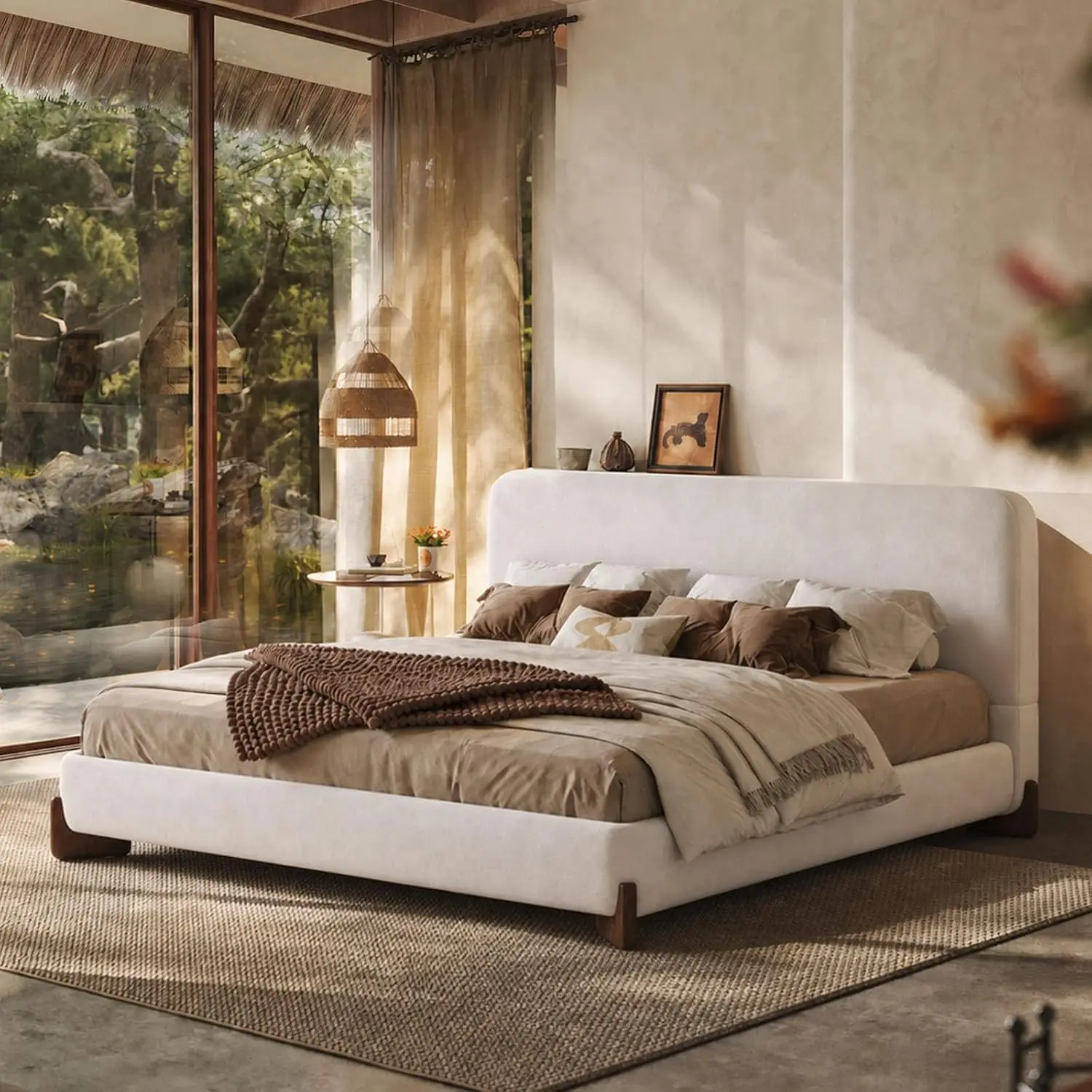 Boucle Cloud Bed Frame, Upholstered Headboard, Wood Legs, No Box Spring, Easy Assembly, King, Beige, Customized