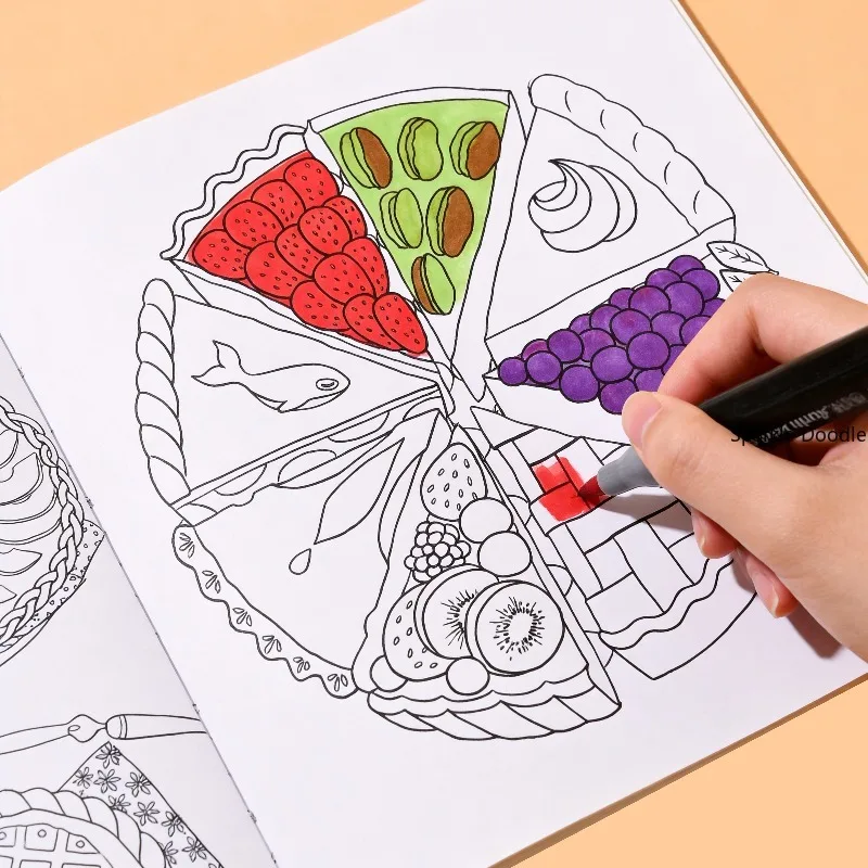 A Food Series Adult Healing Graffiti Book, Daily Home Food Line Draft Coloring Book,  24 Different Food Patterns