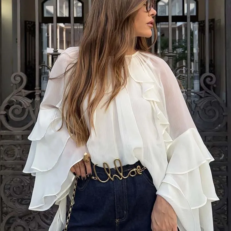 

YENKYE новая женская весна 2025, белая блузка с рюшами и длинным рукавом, уличная одежда с высоким воротом, укороченный топ Blusas Mujer
